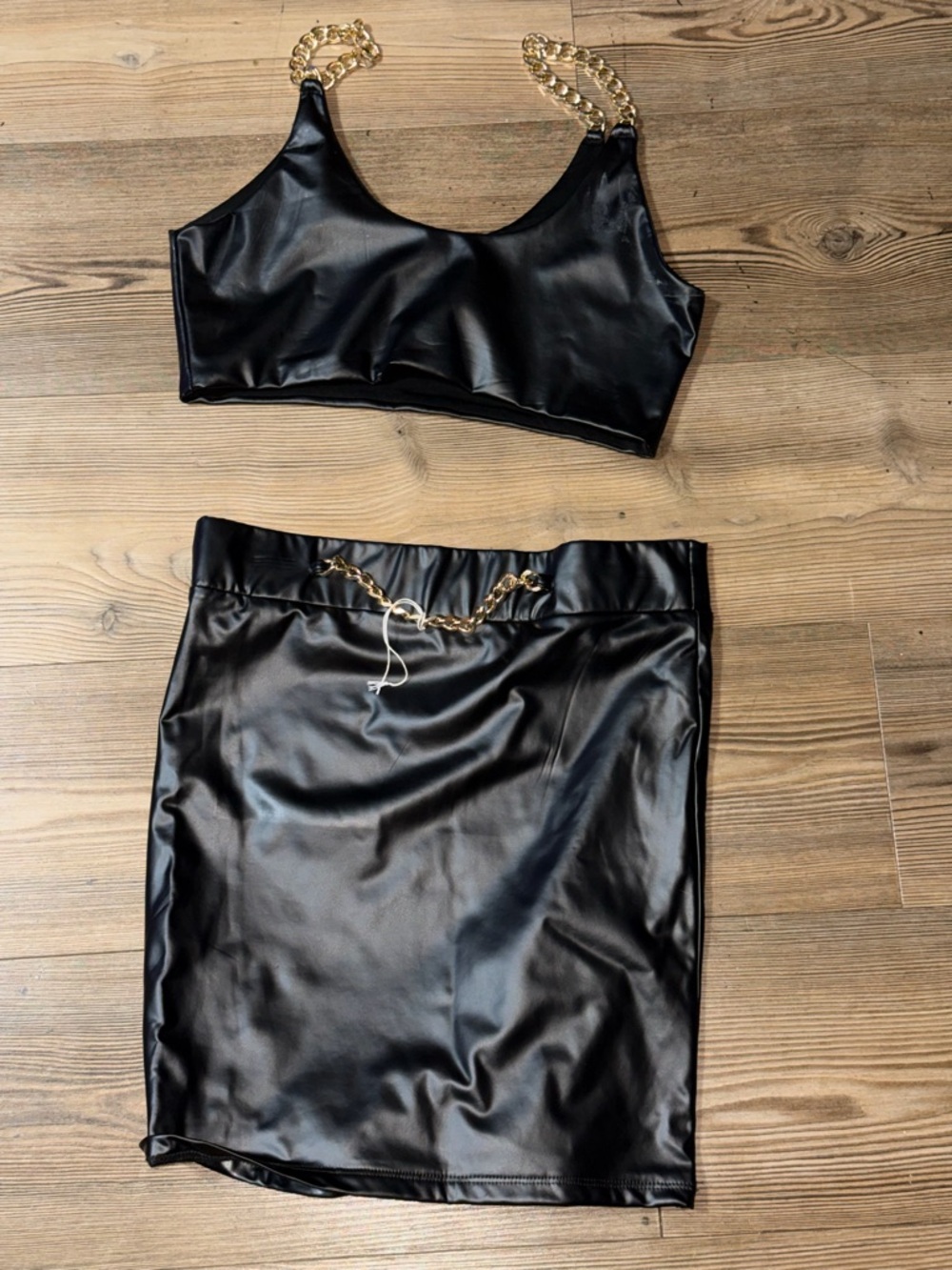 Faux Leather Black Mini Skirt with Gold Chain Detail